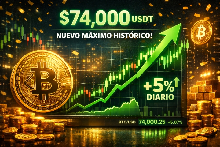 El precio de Bitcoin rompe los 74,000 USDT impulsado por una subida diaria cercana al 5%